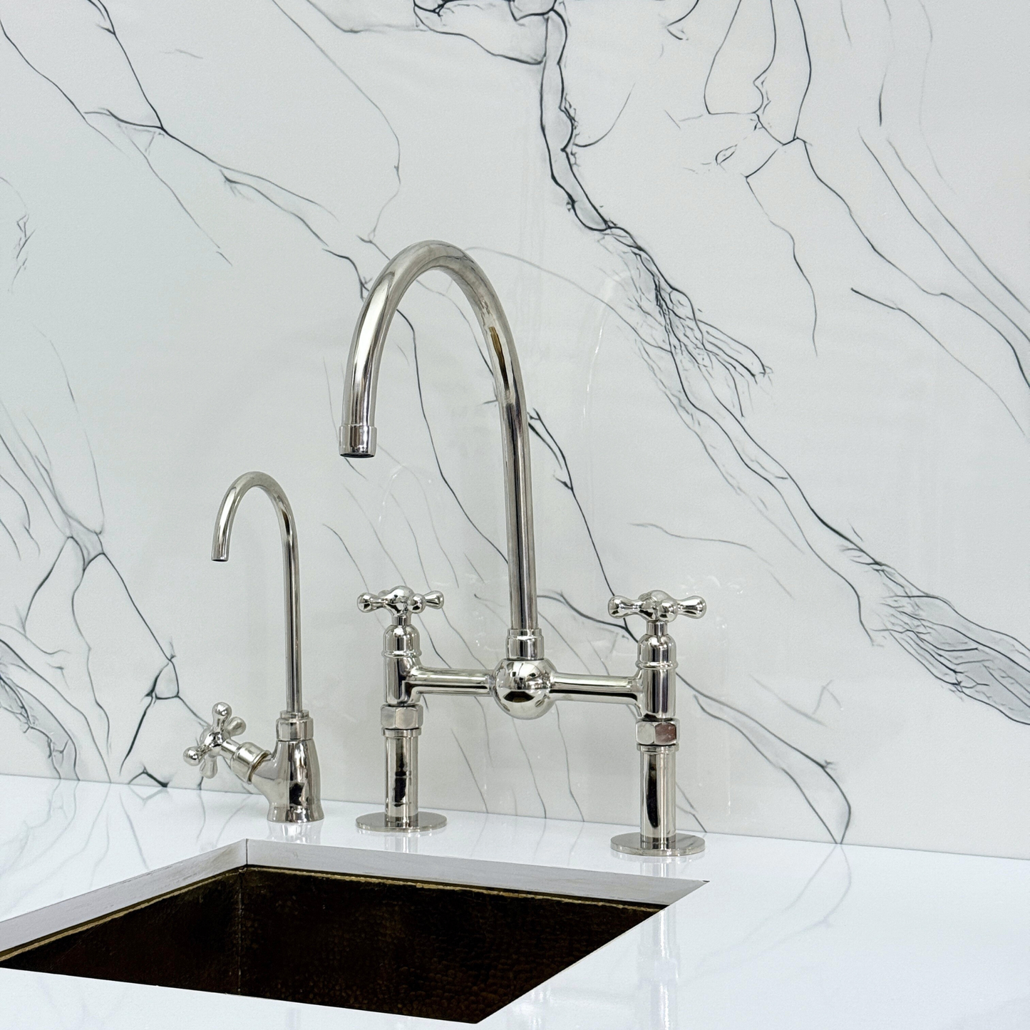 Polished Nickel Bridge Faucet with Sprayer, Cold Water Faucet, Straight Legs and Cross Handles