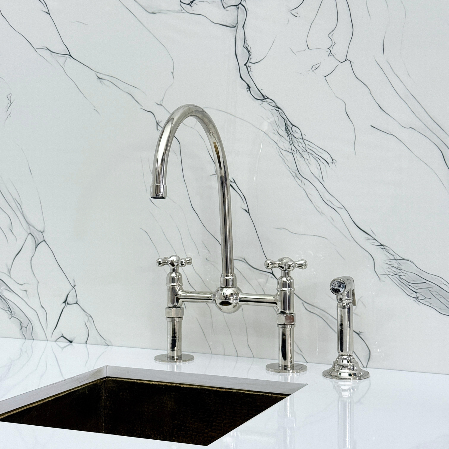 Polished Nickel Bridge Faucet with Sprayer, Cold Water Faucet, Straight Legs and Cross Handles