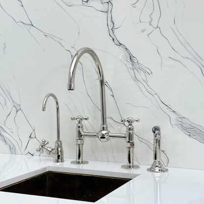 Polished Nickel Bridge Faucet with Sprayer, Cold Water Faucet, Straight Legs and Cross Handles