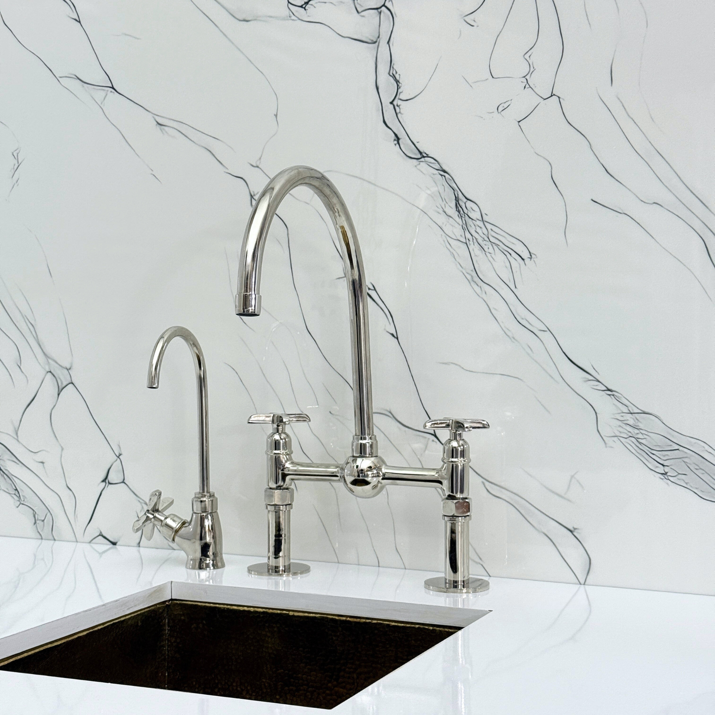 Polished Nickel Bridge Faucet with Sprayer, Cold Water Faucet, Straight Legs and Cross Handles