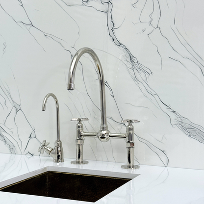 Polished Nickel Bridge Faucet with Sprayer, Cold Water Faucet, Straight Legs and Cross Handles