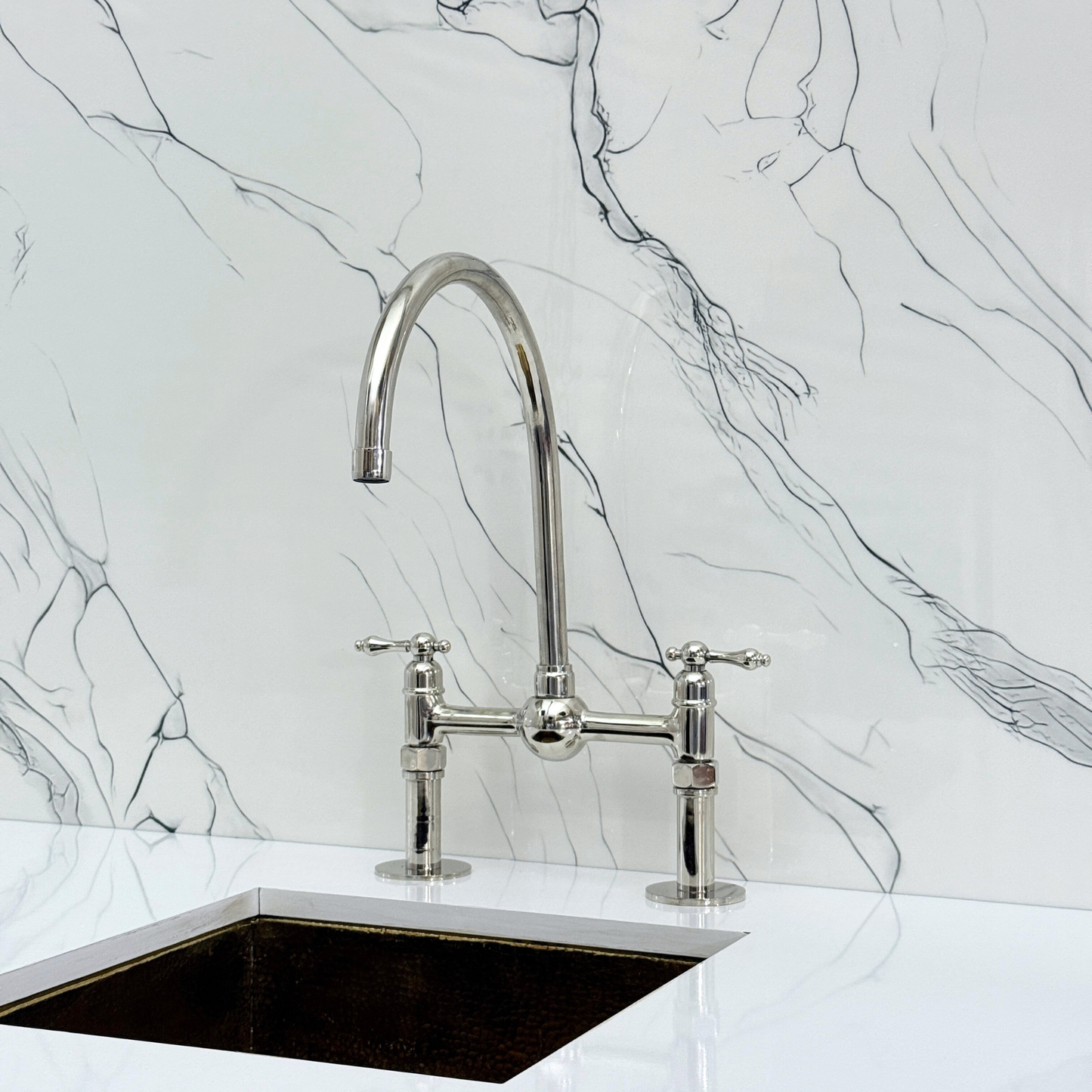 Polished Nickel Bridge Faucet with Sprayer, Cold Water Faucet, Straight Legs and Lever Handles