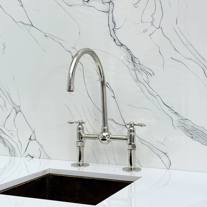 Polished Nickel Bridge Faucet with Sprayer, Cold Water Faucet, Straight Legs and Lever Handles