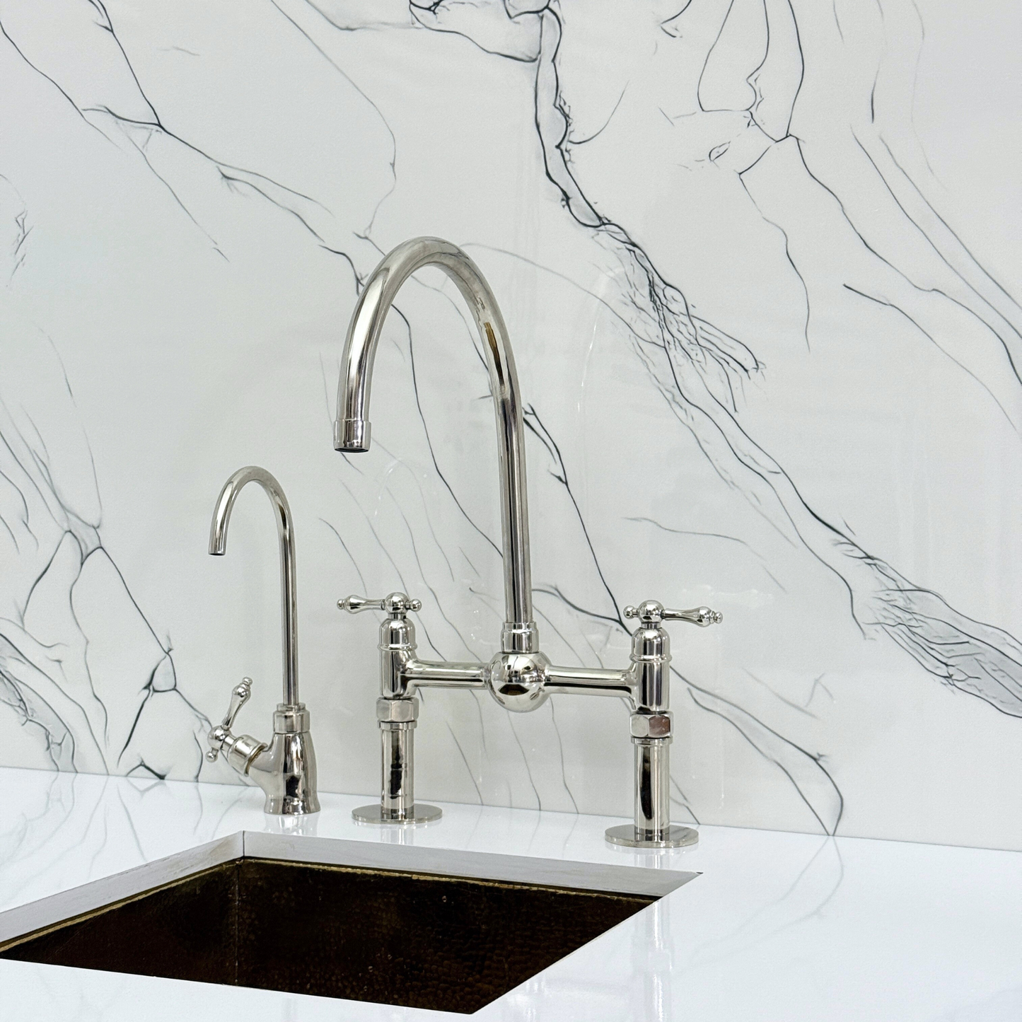 Polished Nickel Bridge Faucet with Sprayer, Cold Water Faucet, Straight Legs and Lever Handles