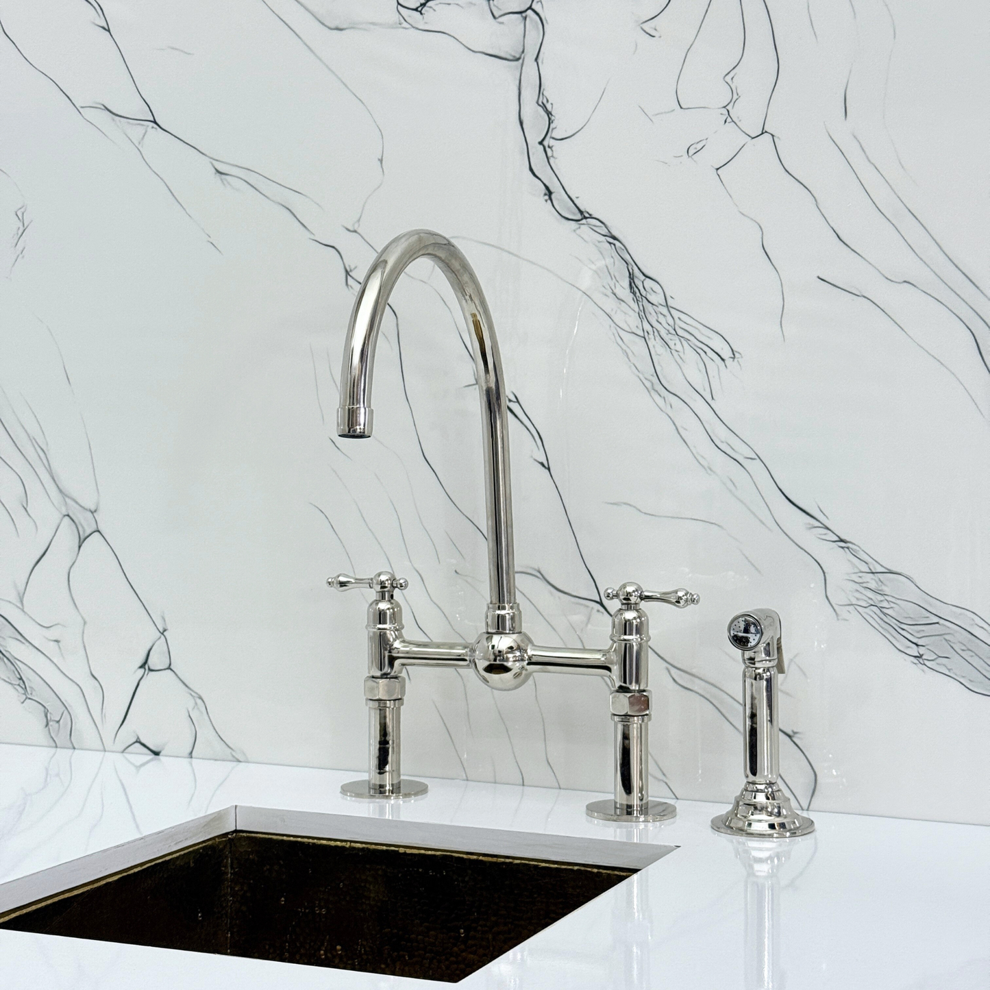 Polished Nickel Bridge Faucet with Sprayer, Cold Water Faucet, Straight Legs and Lever Handles