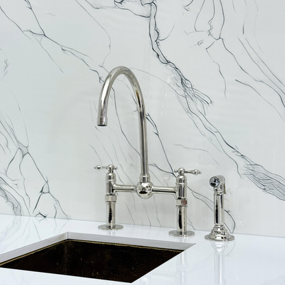 Polished Nickel Bridge Faucet with Sprayer, Cold Water Faucet, Straight Legs and Lever Handles