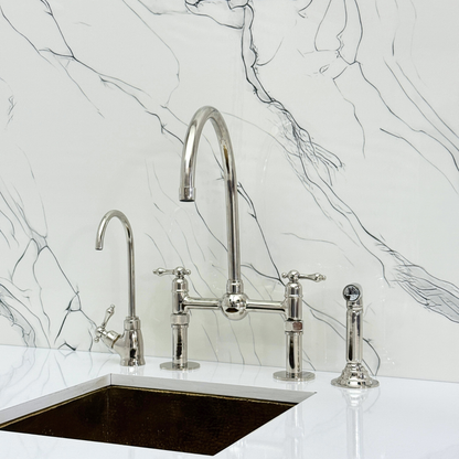 Polished Nickel Bridge Faucet with Sprayer, Cold Water Faucet, Straight Legs and Lever Handles
