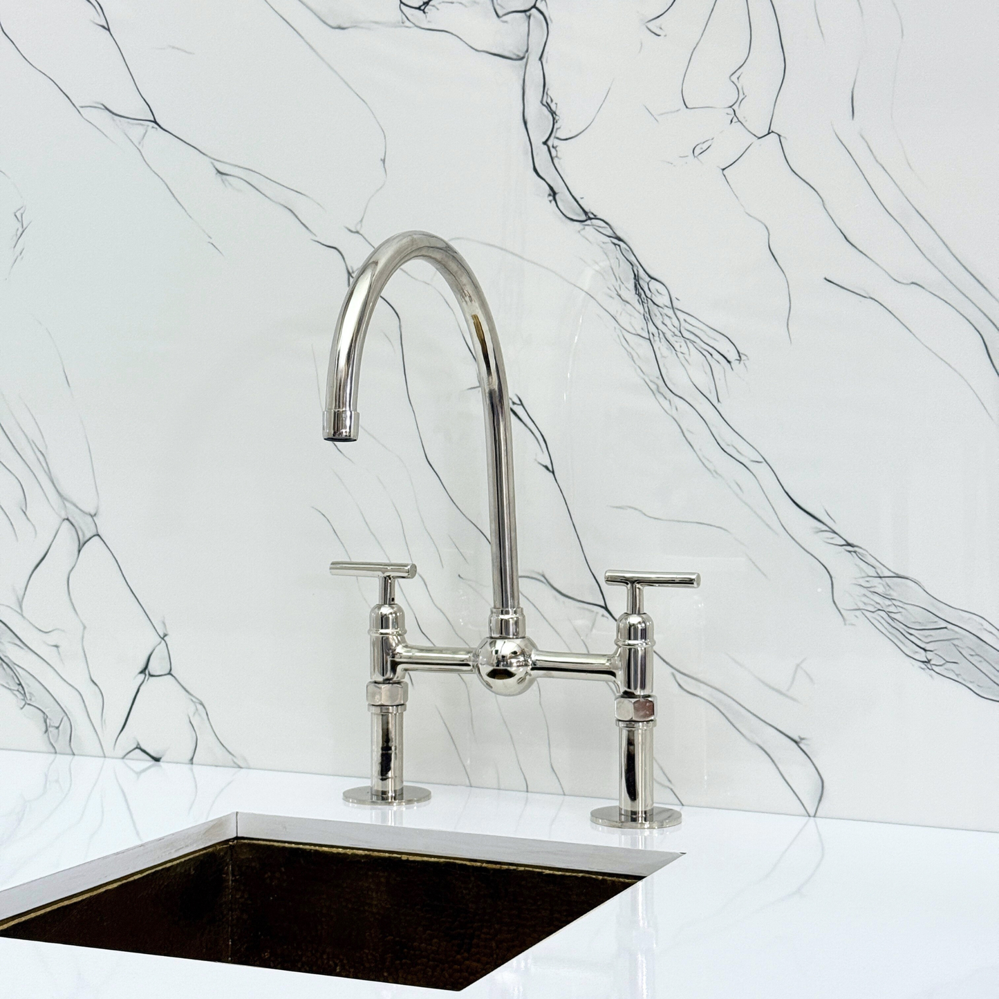 Polished Nickel Bridge Faucet with Sprayer, Cold Water Faucet, Straight Legs and Lever Handles
