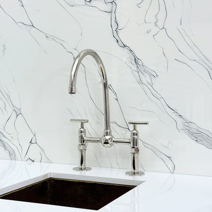 Polished Nickel Bridge Faucet with Sprayer, Cold Water Faucet, Straight Legs and Lever Handles