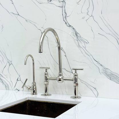 Polished Nickel Bridge Faucet with Sprayer, Cold Water Faucet, Straight Legs and Lever Handles