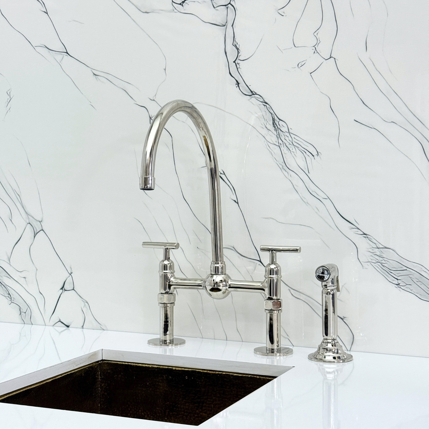 Polished Nickel Bridge Faucet with Sprayer, Cold Water Faucet, Straight Legs and Lever Handles