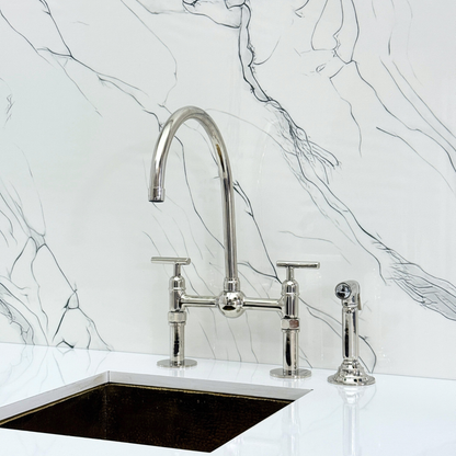 Polished Nickel Bridge Faucet with Sprayer, Cold Water Faucet, Straight Legs and Lever Handles