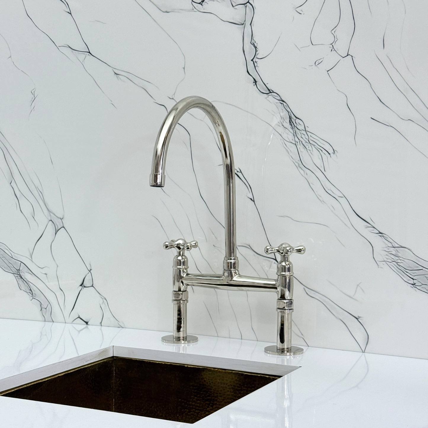 Polished Nickel Bridge Faucet with Sprayer, Drinking Water Tap and Cross Handles