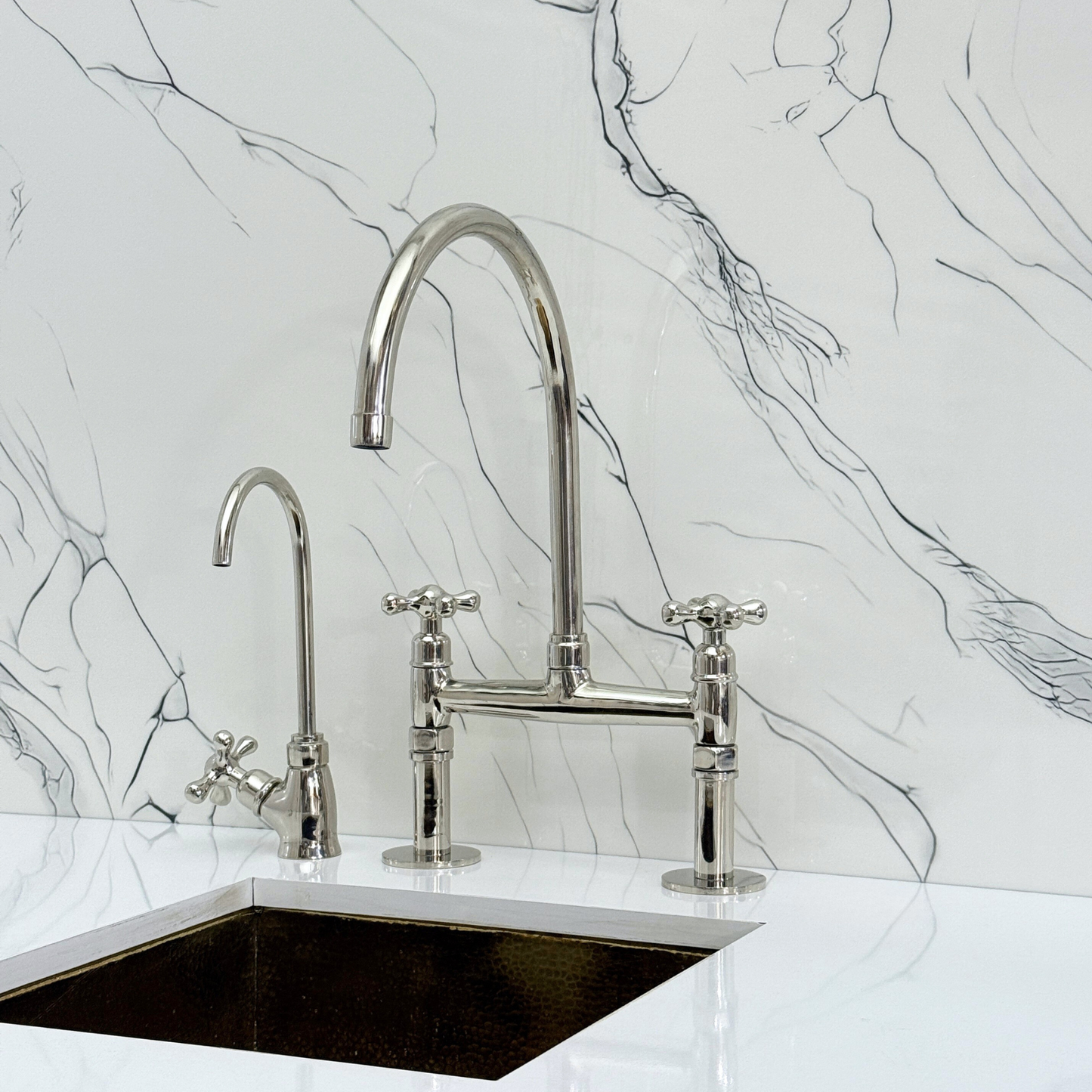 Polished Nickel Bridge Faucet with Sprayer, Drinking Water Tap and Cross Handles