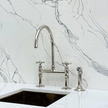 Polished Nickel Bridge Faucet with Sprayer, Drinking Water Tap and Cross Handles