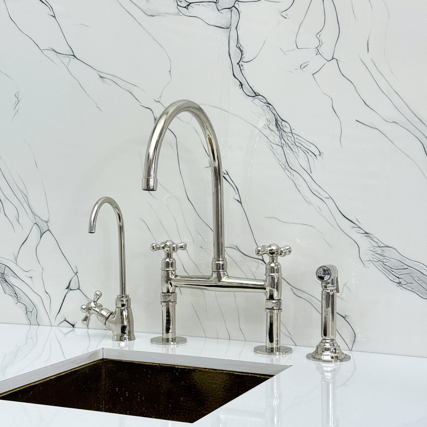 Polished Nickel Bridge Faucet with Sprayer, Drinking Water Tap and Cross Handles