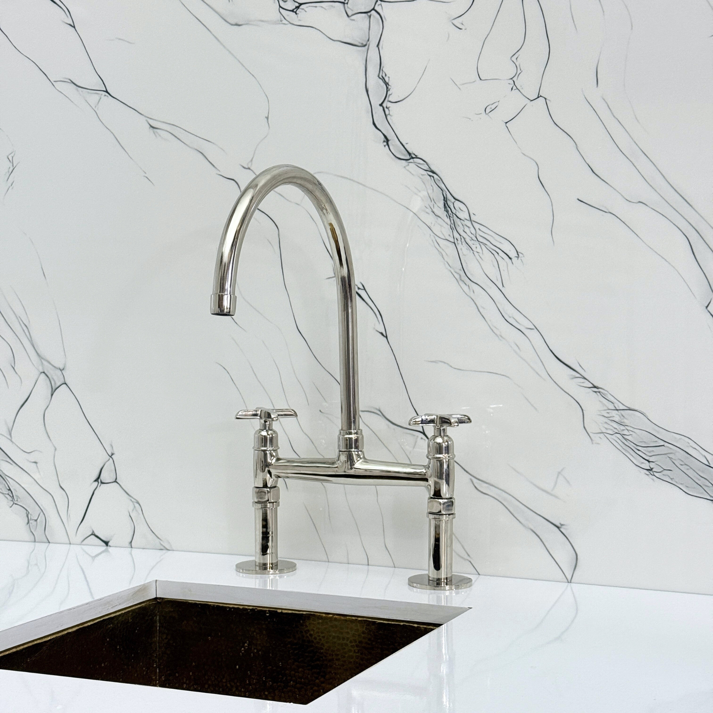 Polished Nickel Bridge Faucet with Sprayer, Drinking Water Tap and Cross Handles