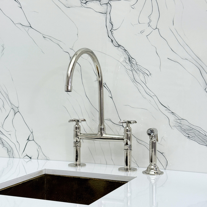Polished Nickel Bridge Faucet with Sprayer, Drinking Water Tap and Cross Handles