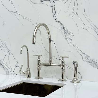 Polished Nickel Bridge Faucet with Sprayer, Drinking Water Tap and Lever Handles