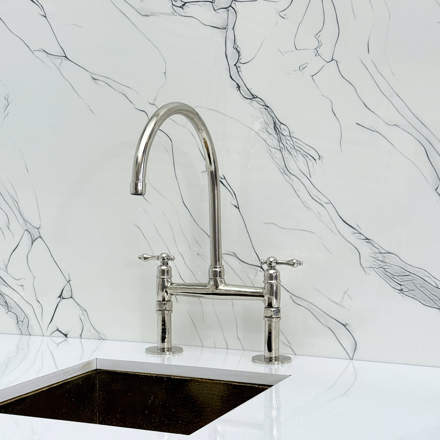 Polished Nickel Bridge Faucet with Sprayer, Drinking Water Tap and Lever Handles