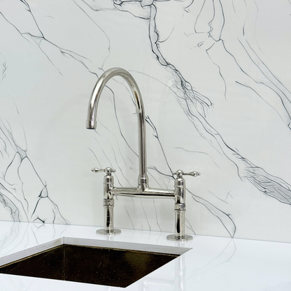 Polished Nickel Bridge Faucet with Sprayer, Drinking Water Tap and Lever Handles