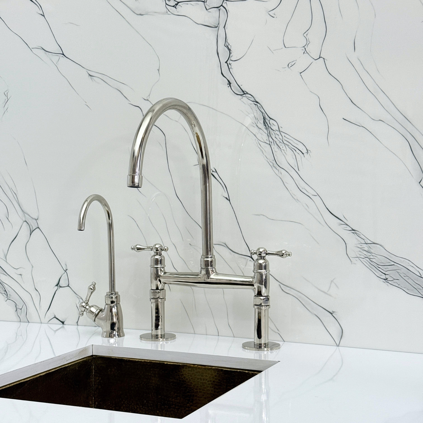 Polished Nickel Bridge Faucet with Sprayer, Drinking Water Tap and Lever Handles