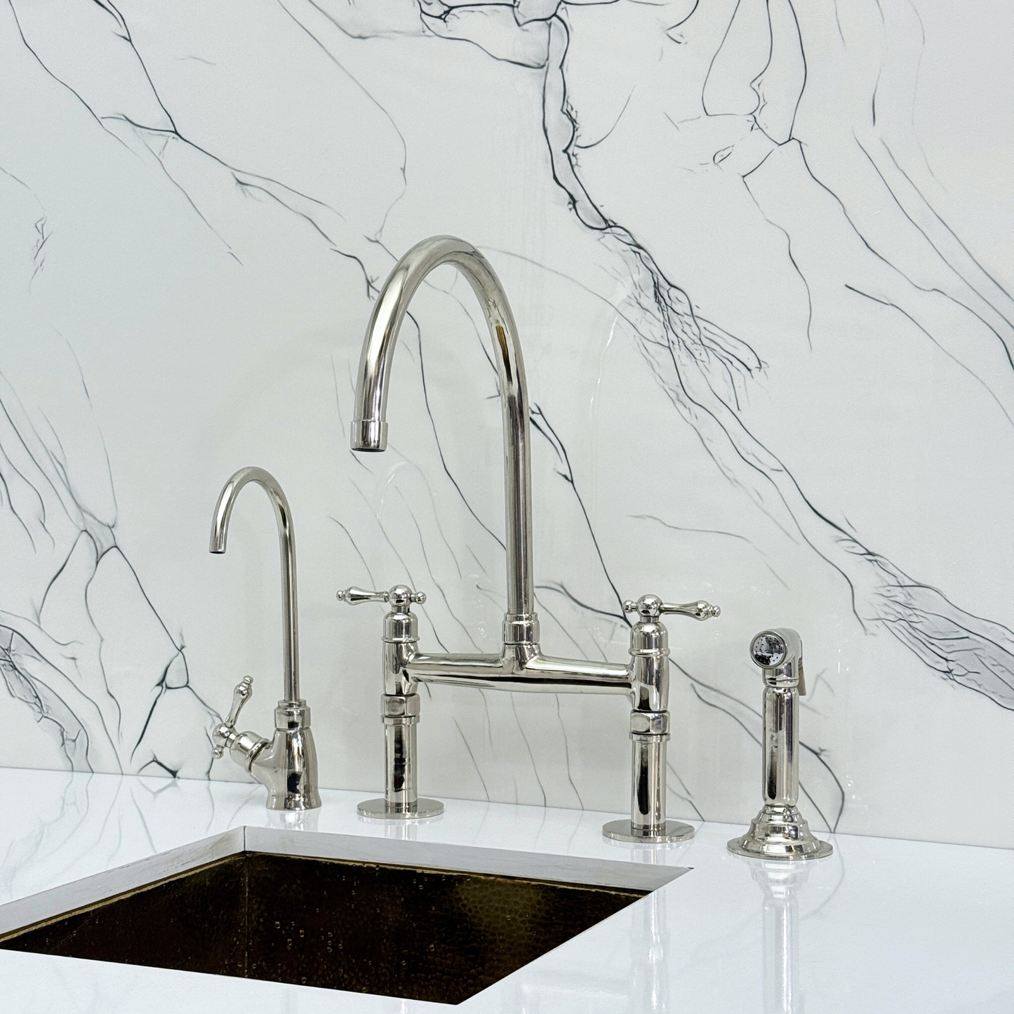 Polished Nickel Bridge Faucet with Sprayer, Drinking Water Tap and Lever Handles