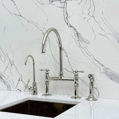 Polished Nickel Bridge Faucet with Sprayer, Drinking Water Tap and Lever Handles