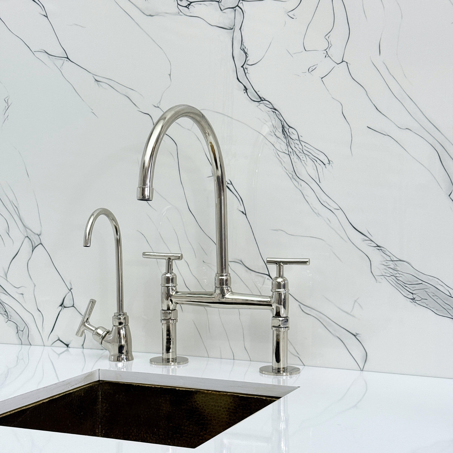 Polished Nickel Bridge Faucet with Sprayer, Drinking Water Tap and Lever Handles