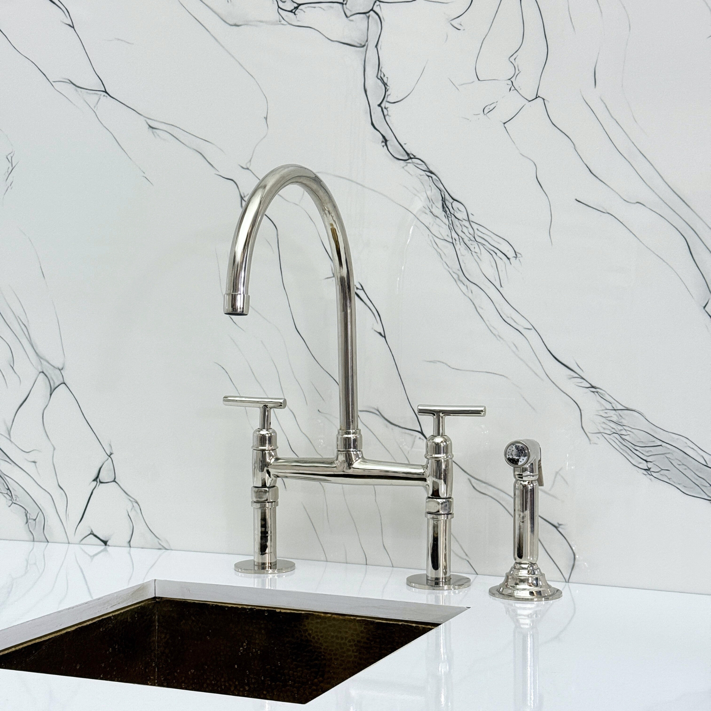 Polished Nickel Bridge Faucet with Sprayer, Drinking Water Tap and Lever Handles