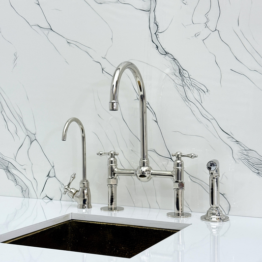 Polished Nickel Kitchen Bridge Faucet with Ball Center, Sprayer, Cold Water Faucet, Straight Legs and Lever Handles