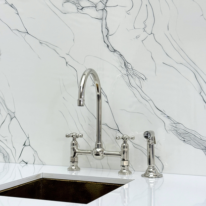 Polished Nickel Bridge Kitchen Faucet with Sprayer, Cold Water Faucet and Cross Handles