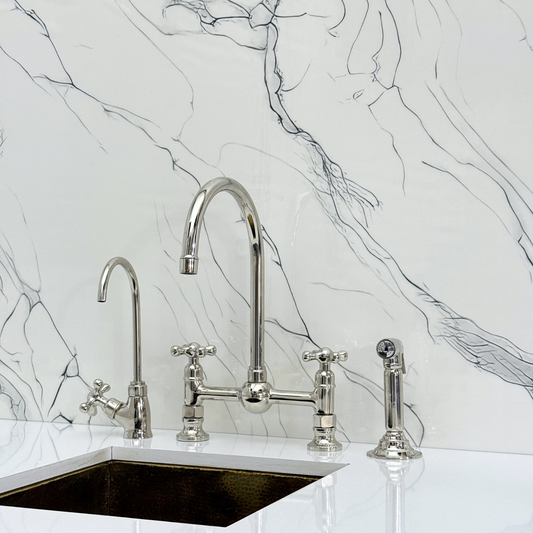 Polished Nickel Bridge Kitchen Faucet with Sprayer, Cold Water Faucet and Cross Handles