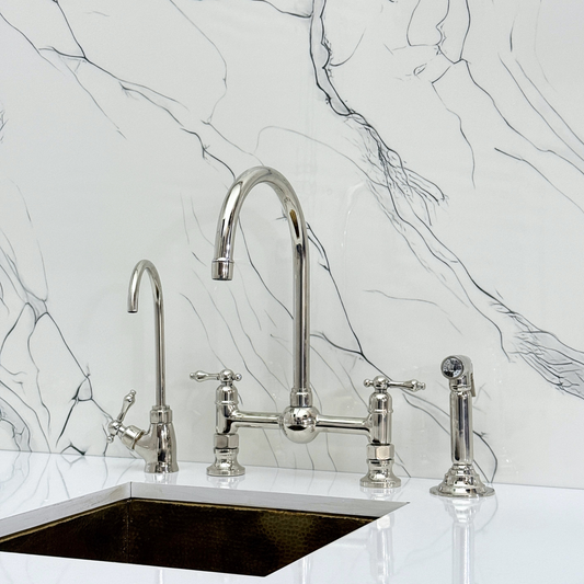 Polished Nickel Bridge Kitchen Faucet with Sprayer, Cold Water Faucet and Lever Handles
