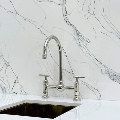 Polished Nickel Bridge Kitchen Faucet with Sprayer, Cold Water Faucet and Lever Handles