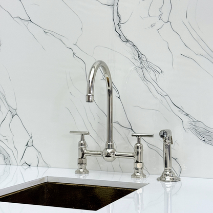 Polished Nickel Bridge Kitchen Faucet with Sprayer, Cold Water Faucet and Lever Handles