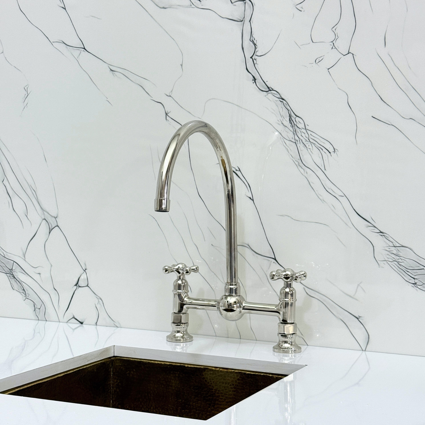 Polished Nickel Bridge Vintage Kitchen Faucet with Ball Center, Sprayer, Cold Water Faucet and Cross Handles