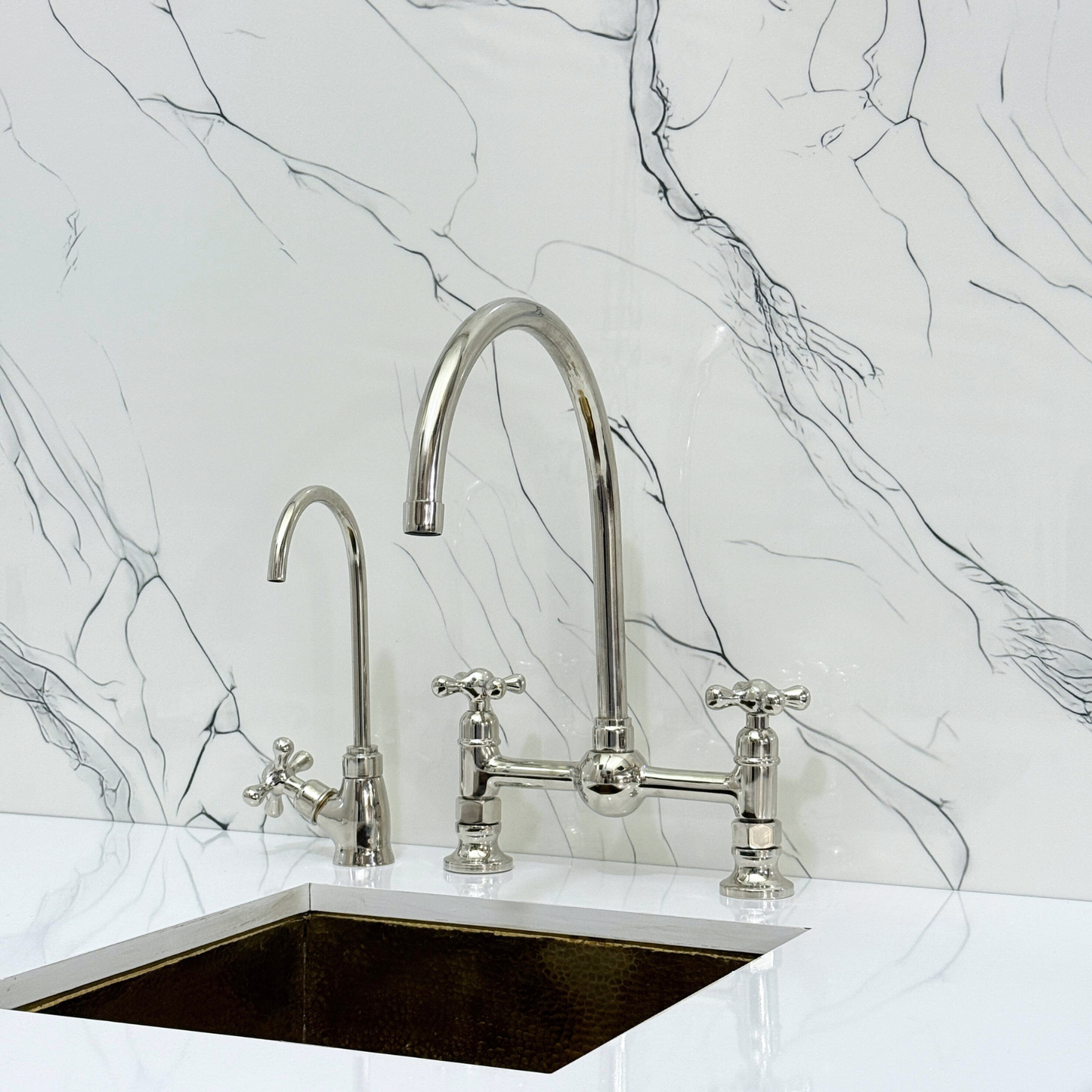 Polished Nickel Bridge Vintage Kitchen Faucet with Ball Center, Sprayer, Cold Water Faucet and Cross Handles