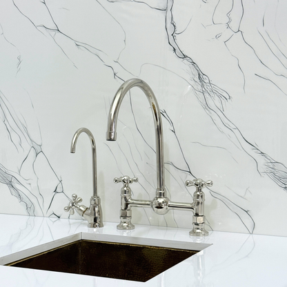 Polished Nickel Bridge Vintage Kitchen Faucet with Ball Center, Sprayer, Cold Water Faucet and Cross Handles