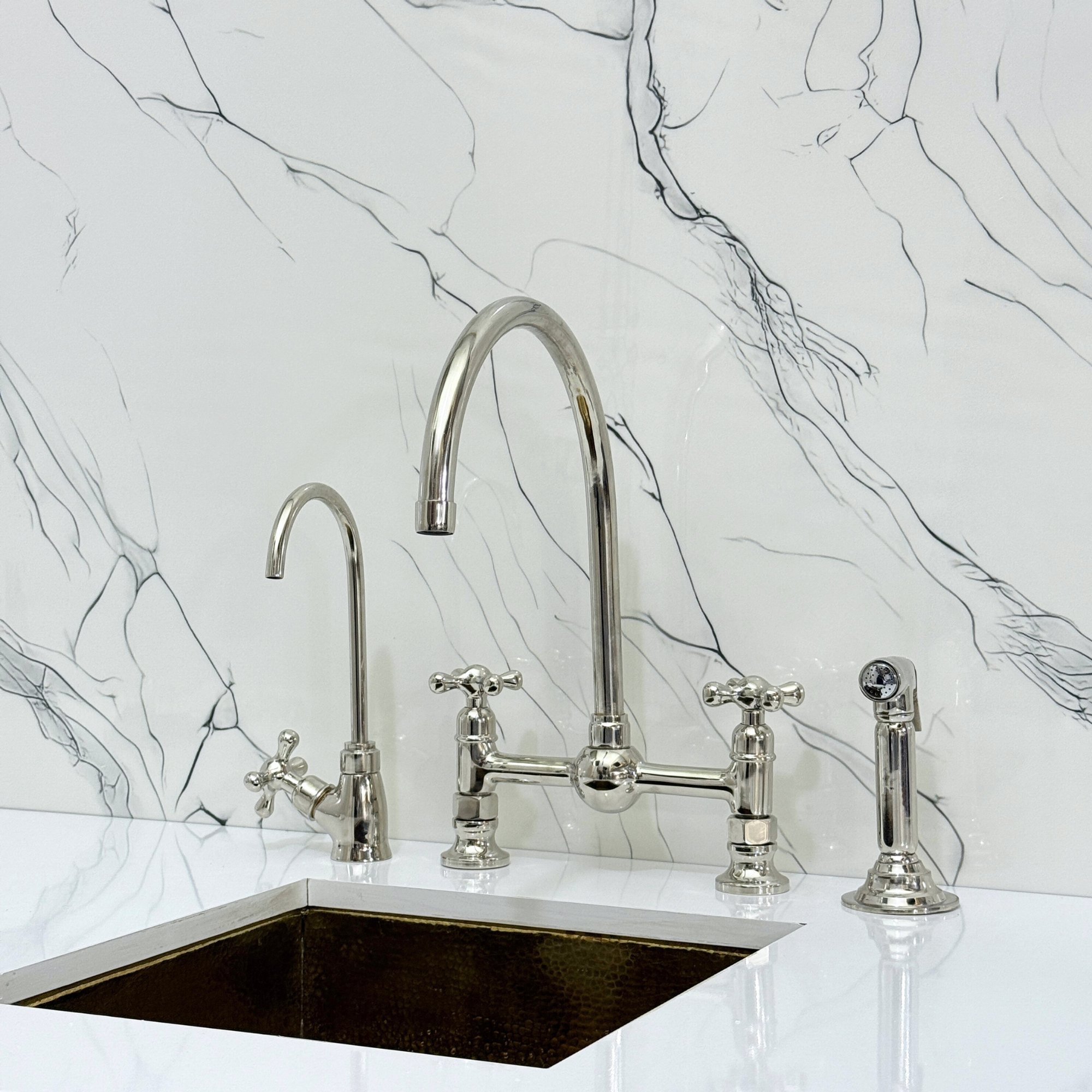 Polished Nickel Bridge Vintage Kitchen Faucet with Ball Center, Spraye ...
