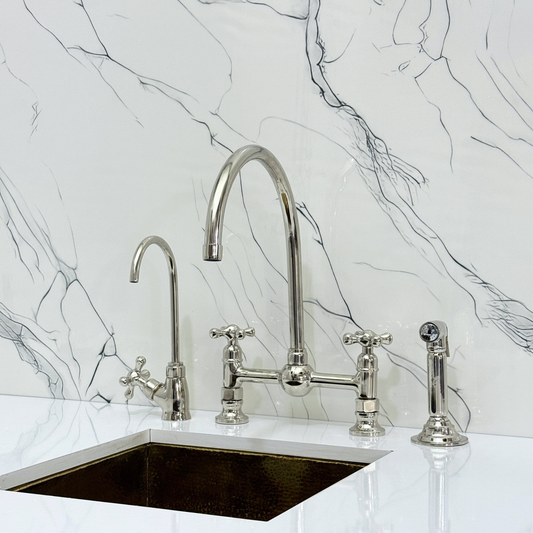 Polished Nickel Bridge Vintage Kitchen Faucet with Ball Center, Sprayer, Cold Water Faucet and Cross Handles