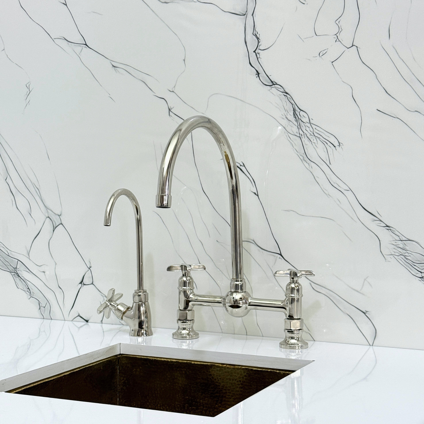 Polished Nickel Bridge Vintage Kitchen Faucet with Ball Center, Sprayer, Cold Water Faucet and Cross Handles