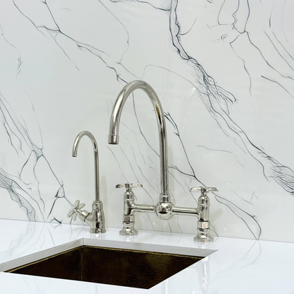 Polished Nickel Bridge Vintage Kitchen Faucet with Ball Center, Sprayer, Cold Water Faucet and Cross Handles