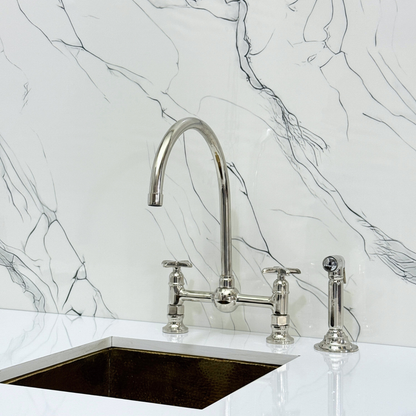 Polished Nickel Bridge Vintage Kitchen Faucet with Ball Center, Sprayer, Cold Water Faucet and Cross Handles