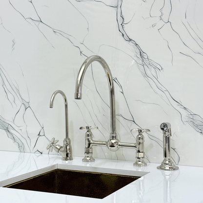 Polished Nickel Bridge Vintage Kitchen Faucet with Ball Center, Sprayer, Cold Water Faucet and Cross Handles