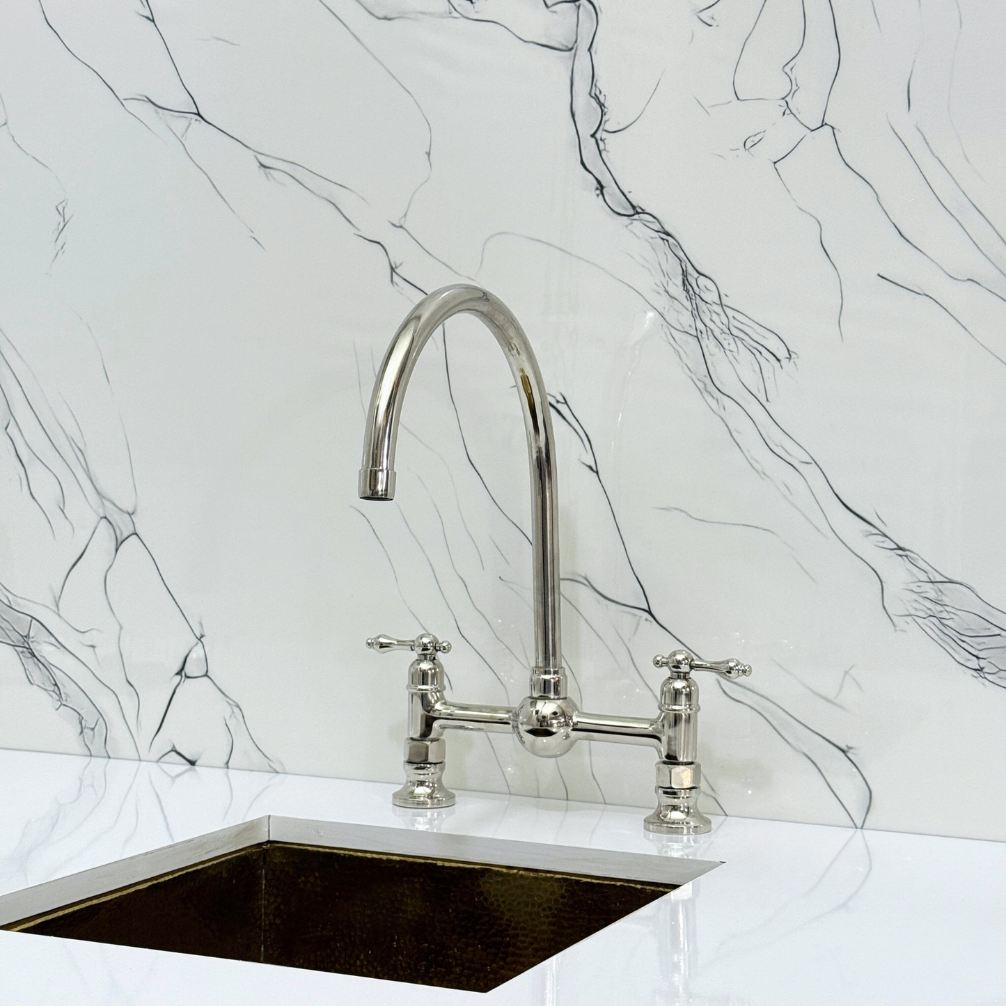 Polished Nickel Bridge Vintage Kitchen Faucet with Ball Center, Sprayer, Cold Water Faucet and Lever Handles