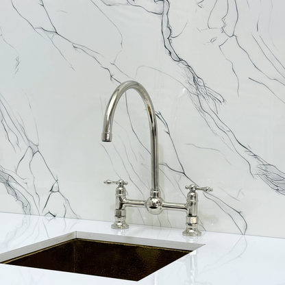 Polished Nickel Bridge Vintage Kitchen Faucet with Ball Center, Sprayer, Cold Water Faucet and Lever Handles