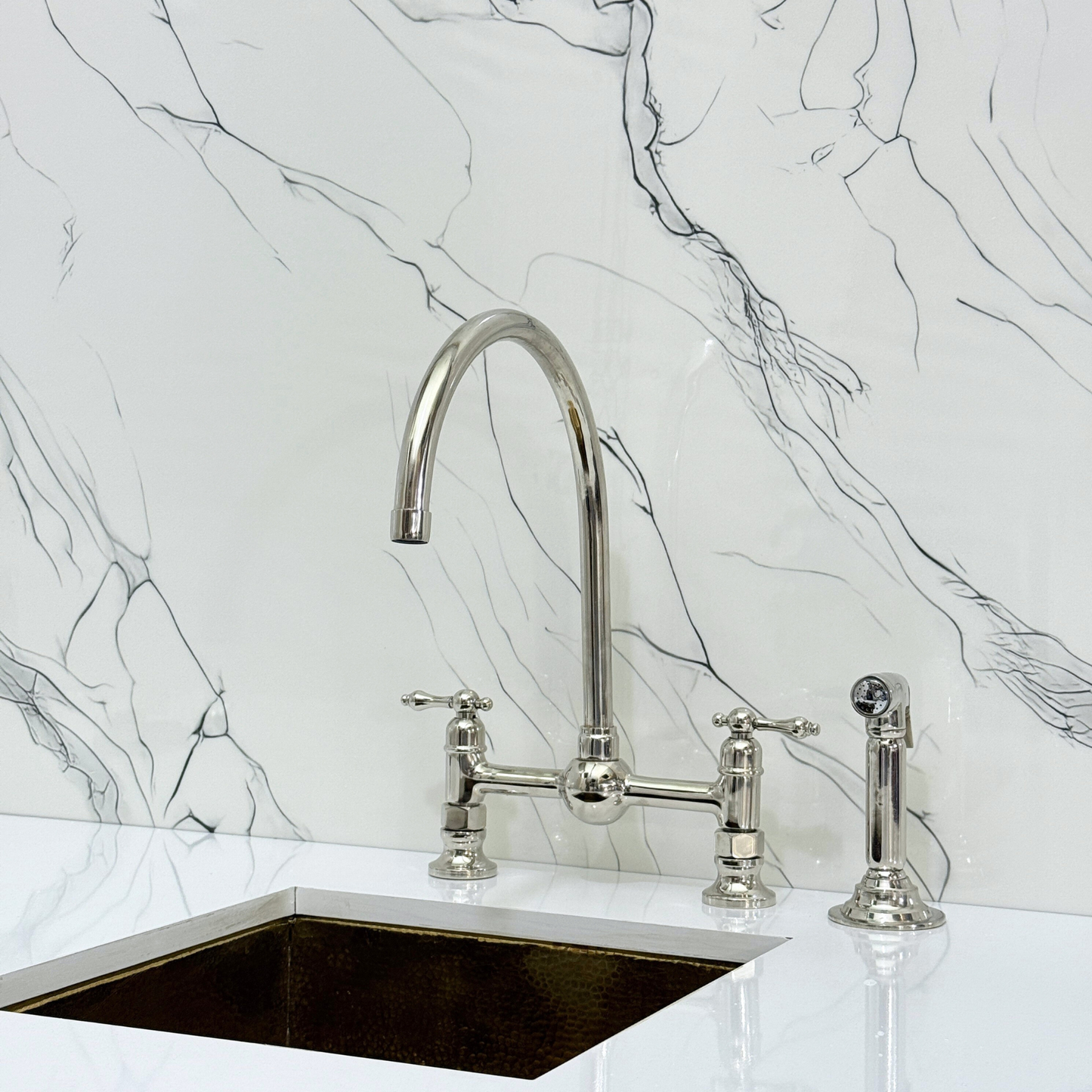 Polished Nickel Bridge Vintage Kitchen Faucet with Ball Center, Sprayer, Cold Water Faucet and Lever Handles