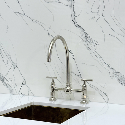 Polished Nickel Bridge Vintage Kitchen Faucet with Ball Center, Sprayer, Cold Water Faucet and Lever Handles
