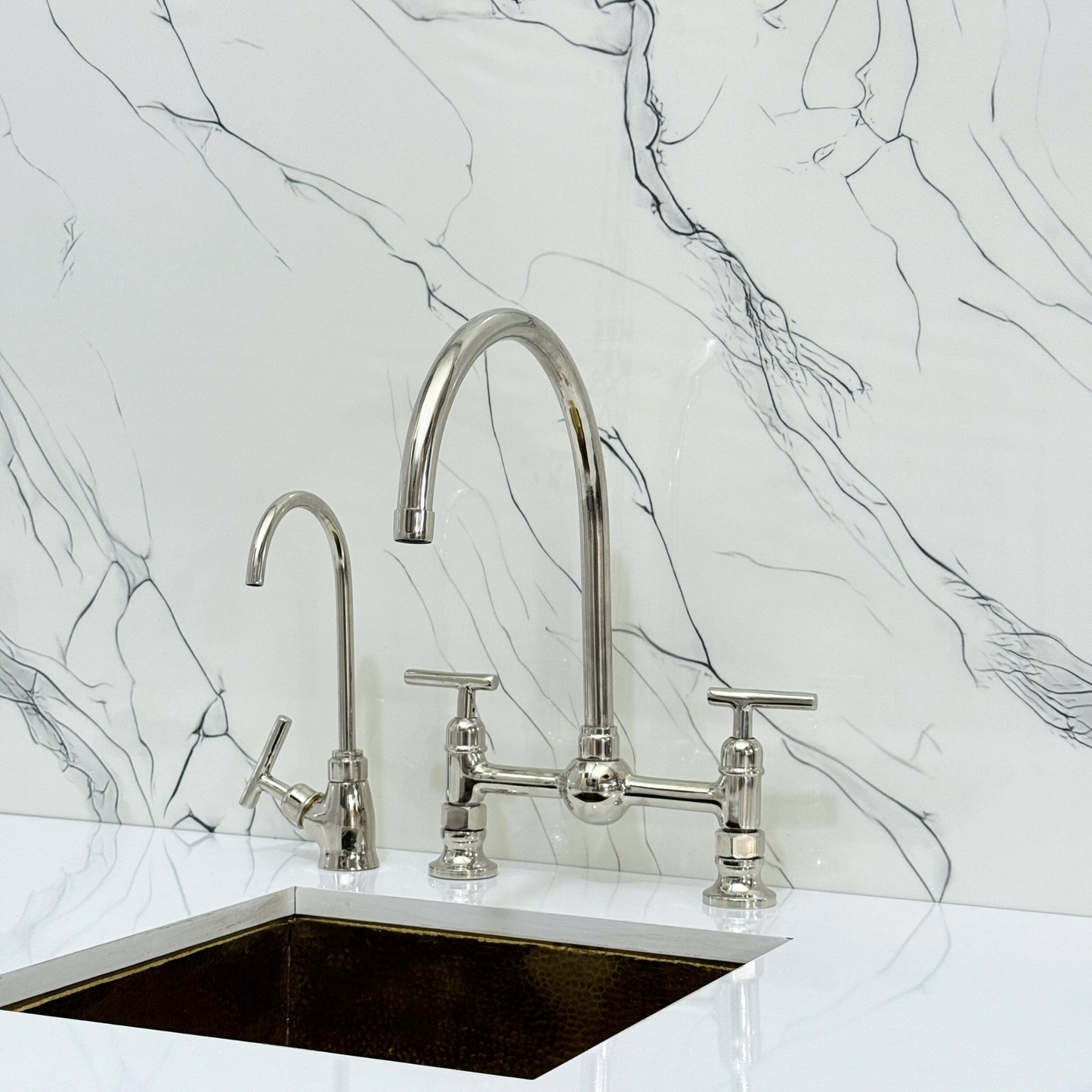 Polished Nickel Bridge Vintage Kitchen Faucet with Ball Center, Sprayer, Cold Water Faucet and Lever Handles